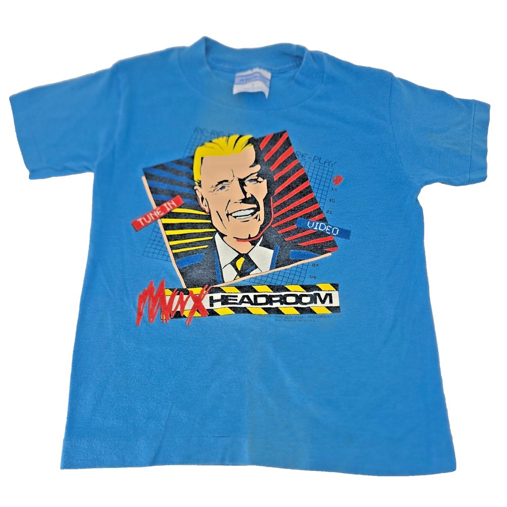 Max Headroom Vintage Youth T-Shirt Size 7 Blue Single Stitch 1987 Tune-In Video
